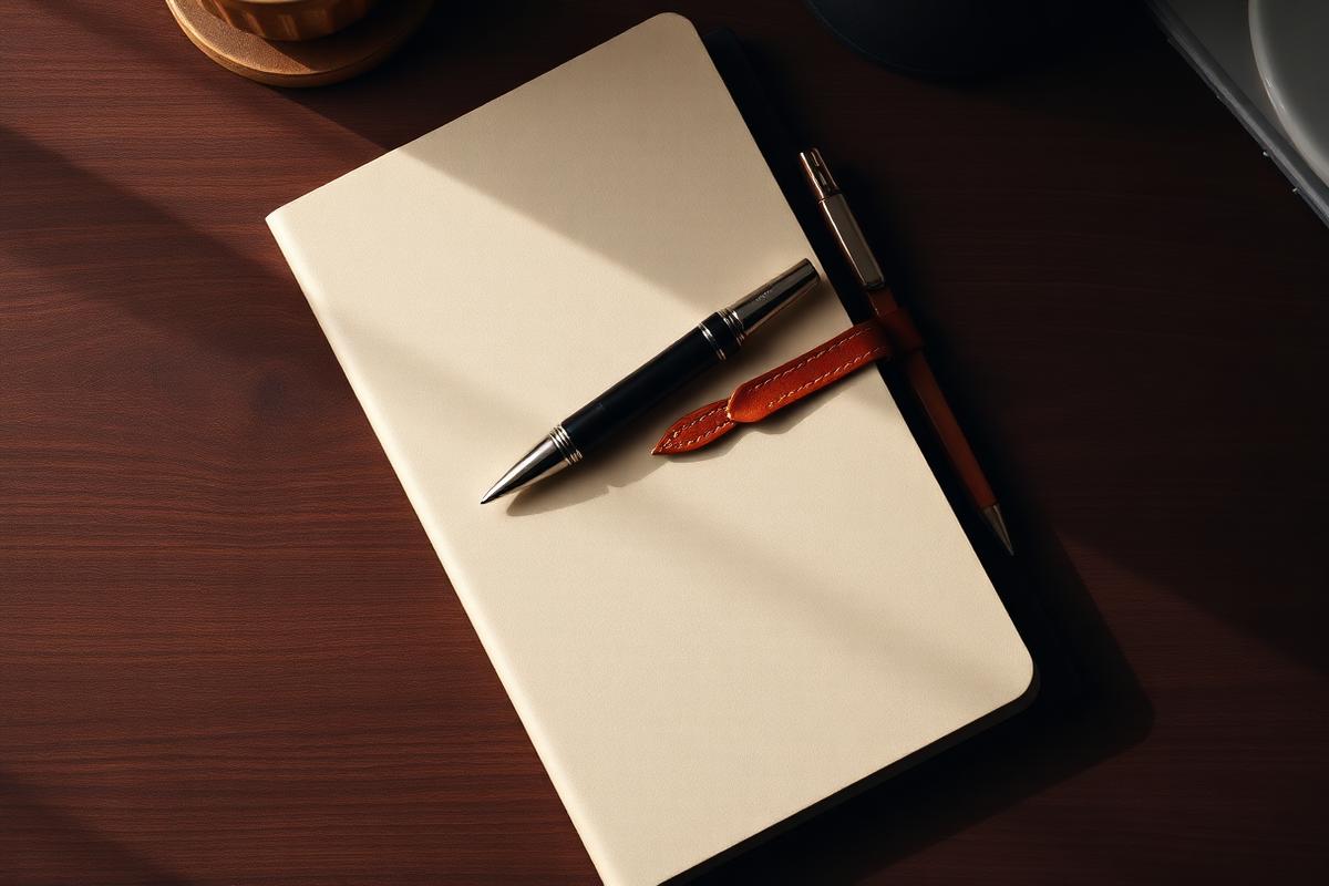 A leather-bound notebook and fountain pen on a walnut desk